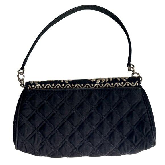 Vera Bradley Black Quilted Embroidered Floral Handbag With Strap & Snap Closure - Picture 2 of 8
